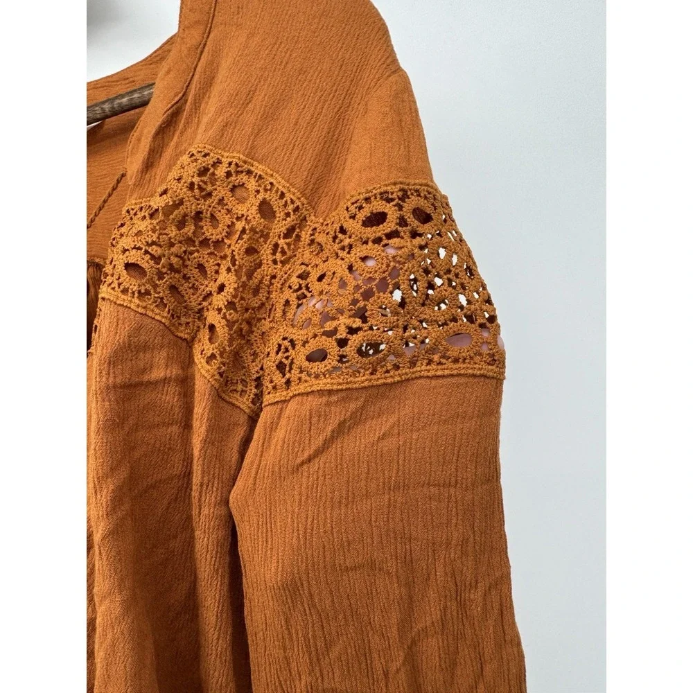 Tantrums 2X  Boho peasant Blouse western rodeo tassel rayon open knit‎ tan - Picture 7 of 9